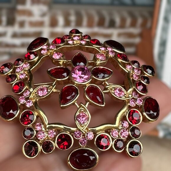 VTG Brooch Pin 2" Rhinestone Blooming Flower Pink Red Gold Plated‎ Geometric - Picture 3 of 9